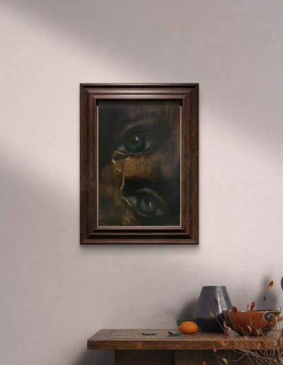 "La lágrima", obra de Alexandra Calfa. Pintura al óleo donde dos ojos flotan en la penumbra, unidos por una lágrima suspendida. El claroscuro y la textura del lienzo evocan la dualidad entre fortaleza y vulnerabilidad, invitando a la introspección.
